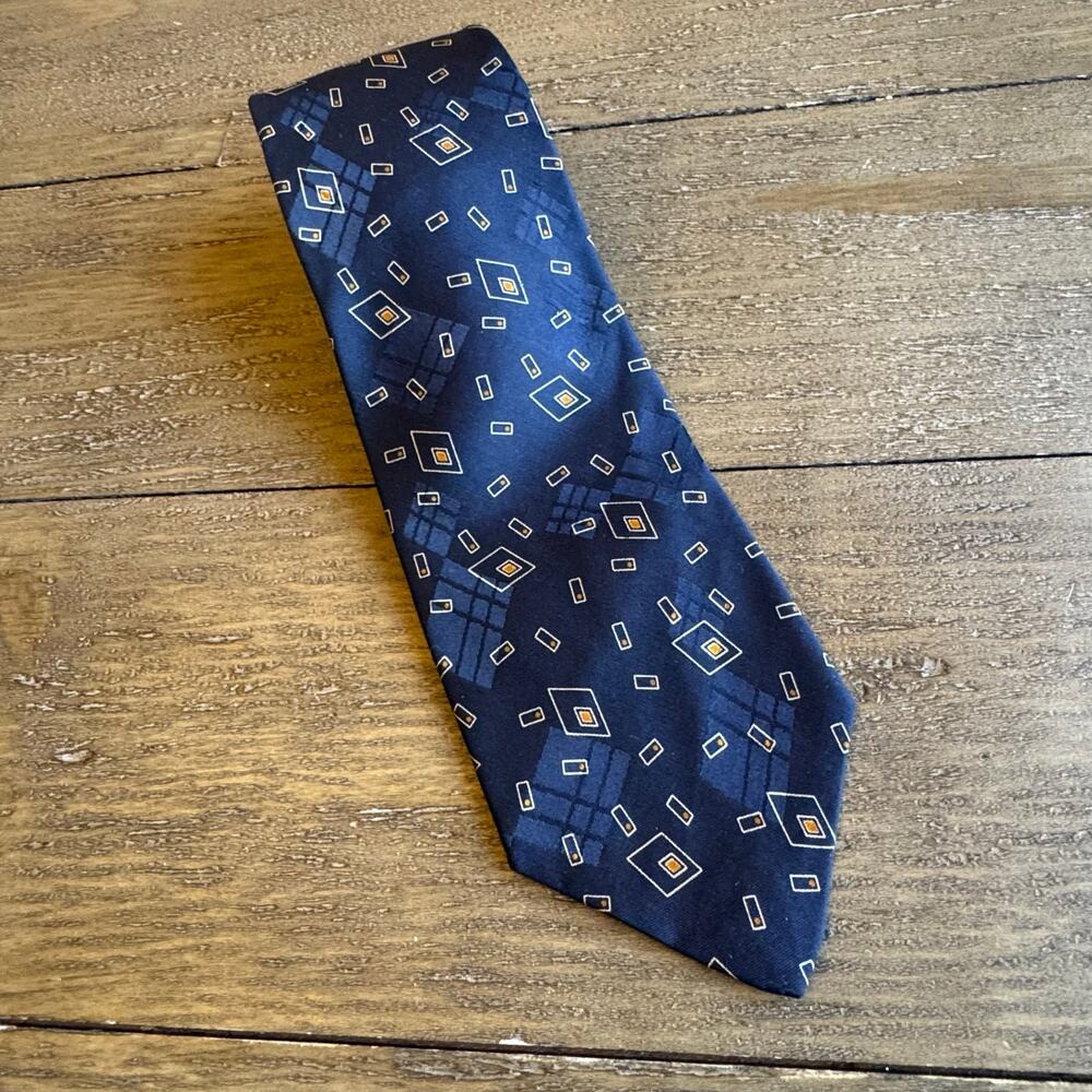 POLO Ralph Lauren Mens Blue Geometric Vintage 100% Silk Made in the USA Neck Tie